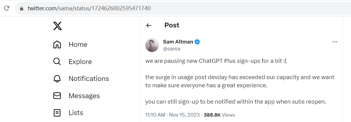 OpenAI CEO：暂停一段时间内的ChatGPT Plus新用户注册