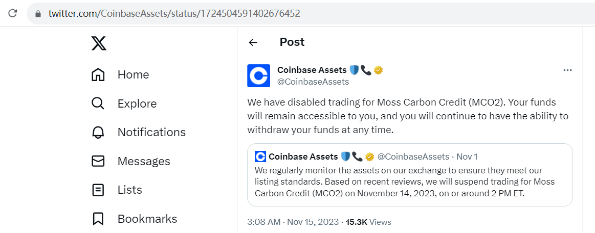 Coinbase：已暂停Moss Carbon Credit (MCO2)交易