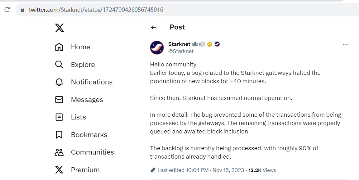Starknet网关相关的Bug导致新区块生产停止了约40分钟