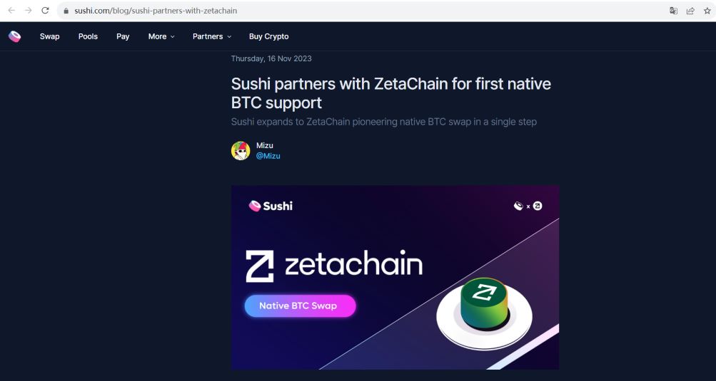 Sushi将扩展到ZetaChain，首次提供原生BTC支持