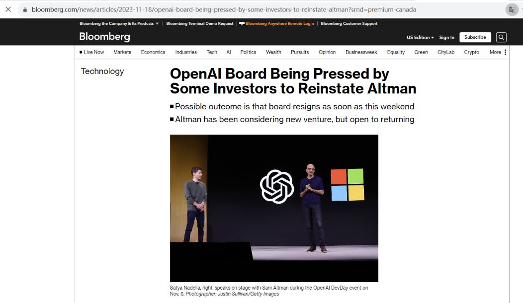 彭博社：OpenAI投资者向公司董事会施压，要求恢复Sam Altman的CEO职务