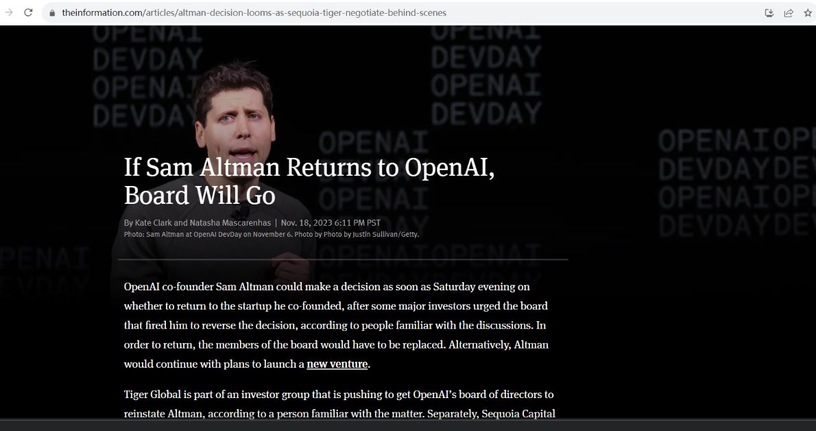 Sam Altman最早或将于周六晚决定是否回归OpenAI
