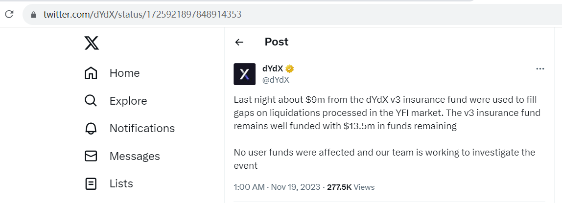 dYdX：昨晚dYdX v3保险基金的约900万美元被用于填补YFI市场清算的缺口