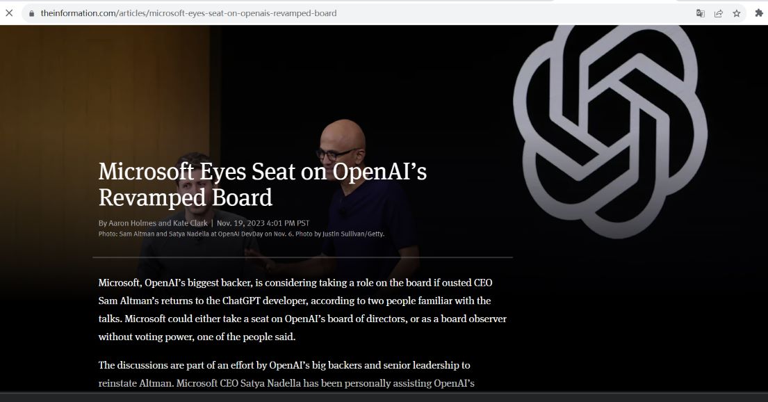 微软拟在Sam Altman回归后加入OpenAI董事会