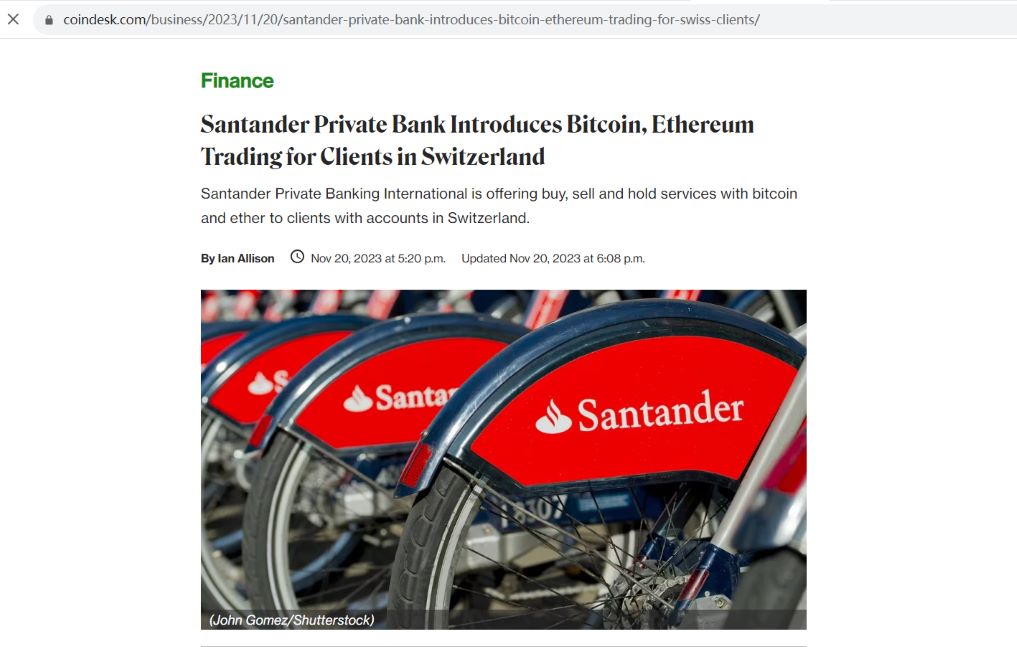 桑坦德私人银行为瑞士客户推出比特币、以太坊交易