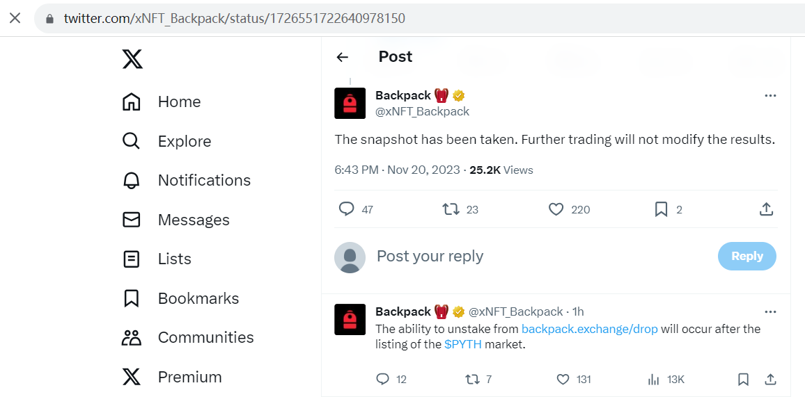 Backpack：将向PYTH质押和交易者发放奖励，快照已拍摄