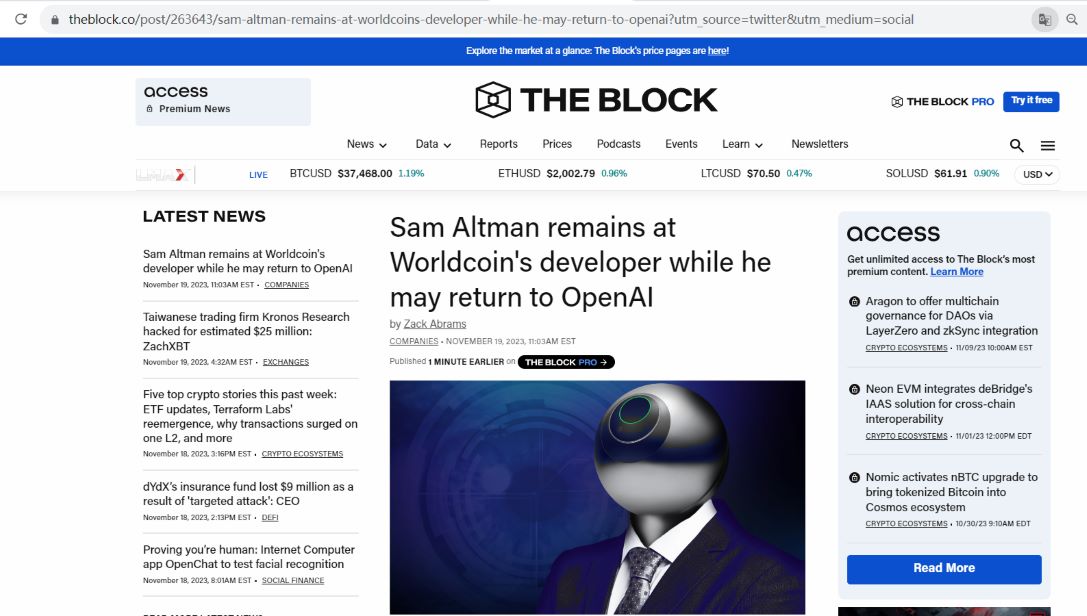 Sam Altman仍留在Worldcoin开发人员，重返OpenAI的谈判正在进行中
