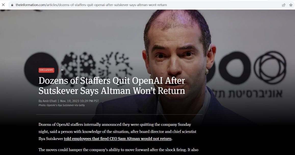 继OpenAI创始人Sam Altman被解雇后，数十名OpenAI员工宣布辞职