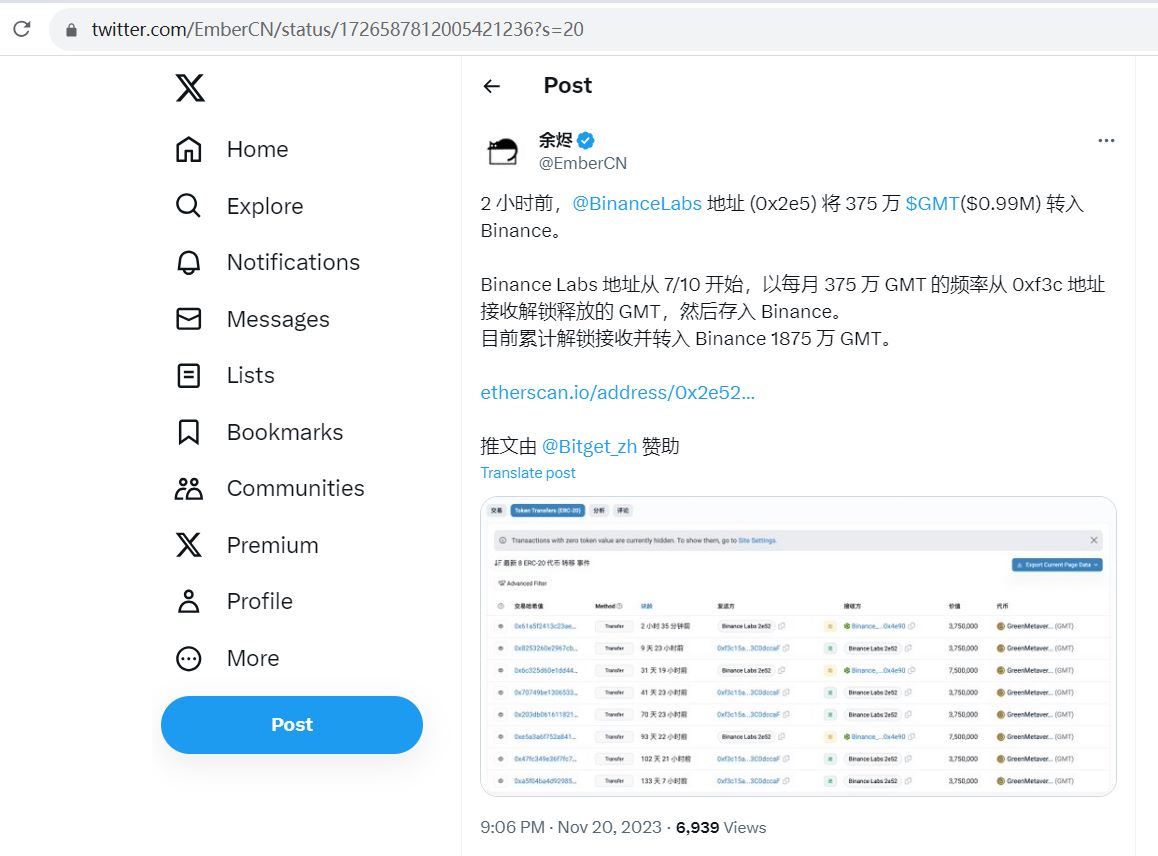 Binance Labs将375万GMT转入Binance，目前累计转入1875万GMT