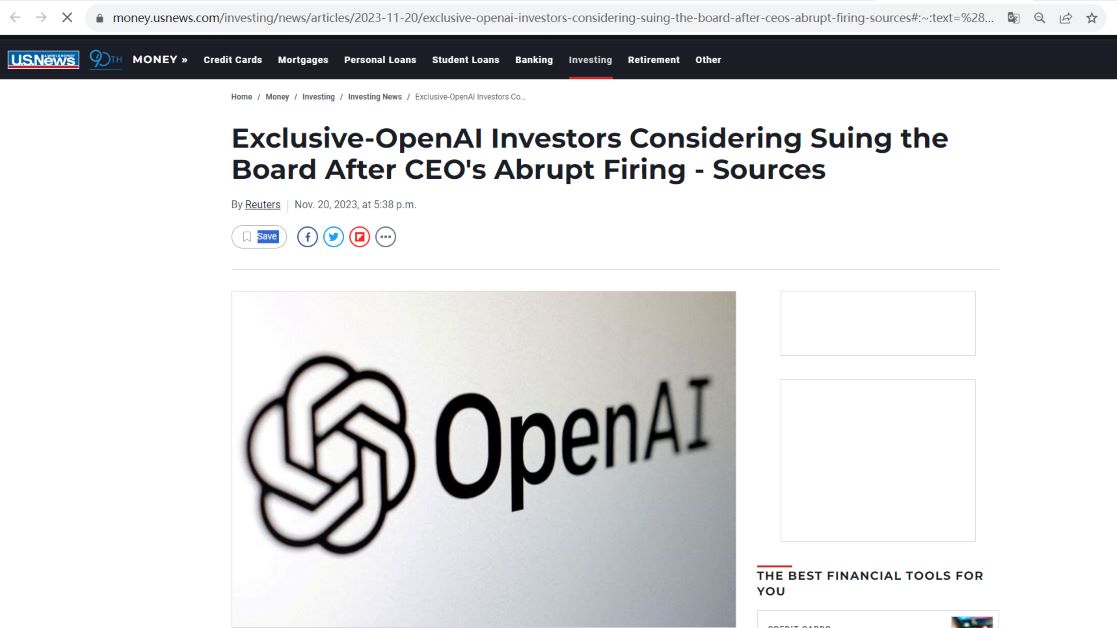 路透社：OpenAI投资者寻求对公司董事会采取法律手段