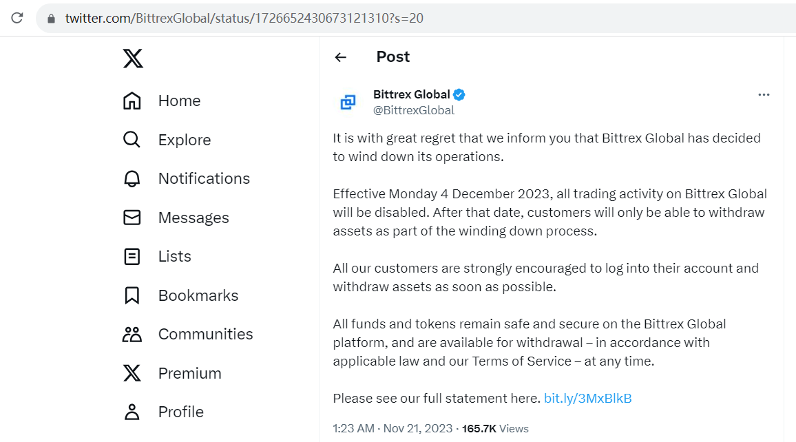 Bittrex Global将结束运营，自12月4日起关闭所有交易活动