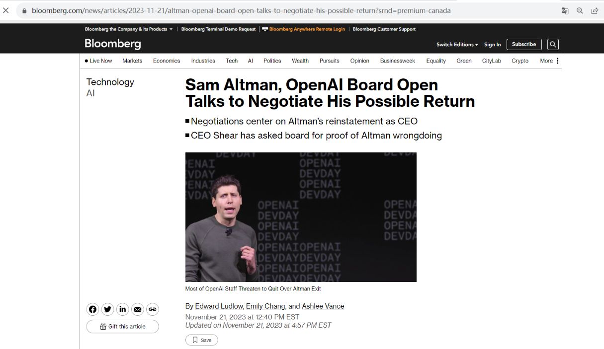 OpenAI董事会已与Sam Altman就其回归展开谈判