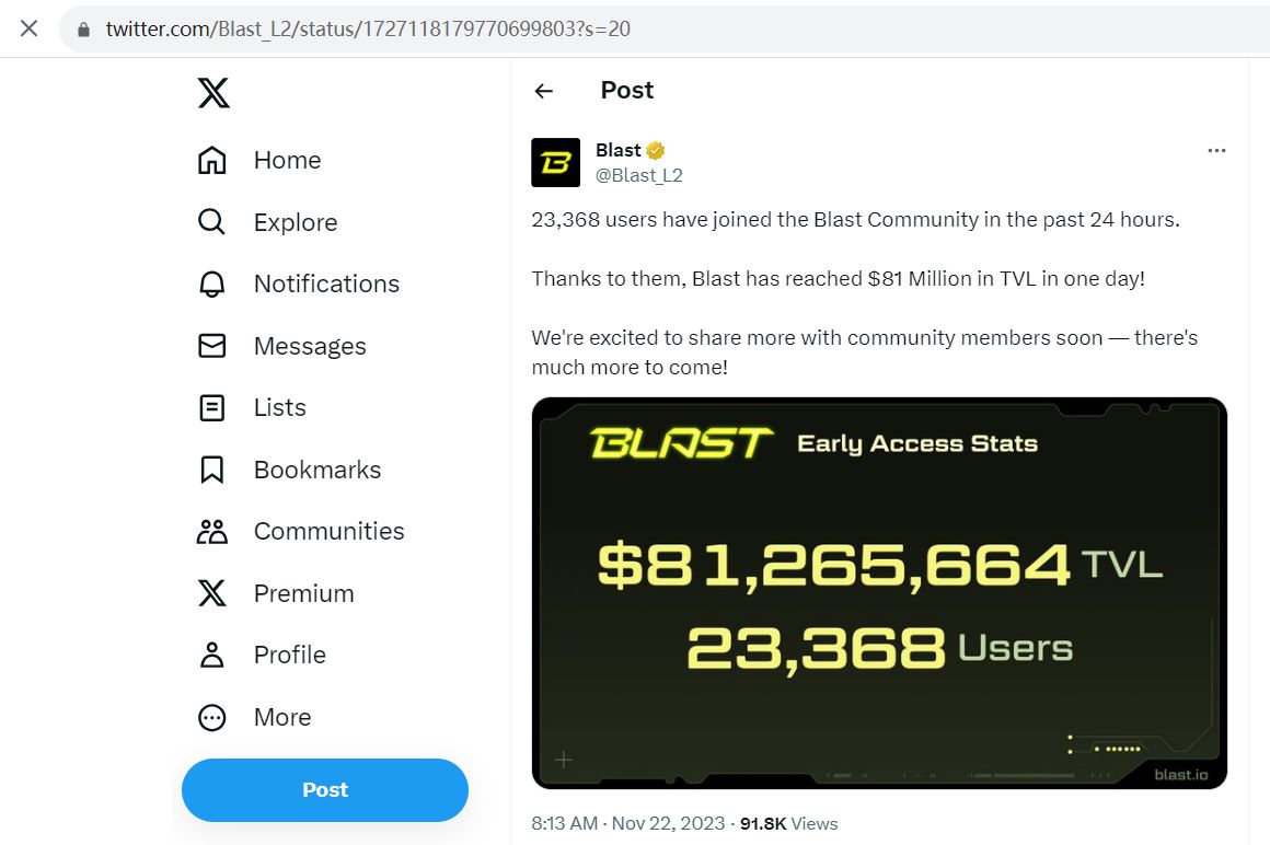 Blur创始人旗下L2网络Blast首日TVL已超8100万美元