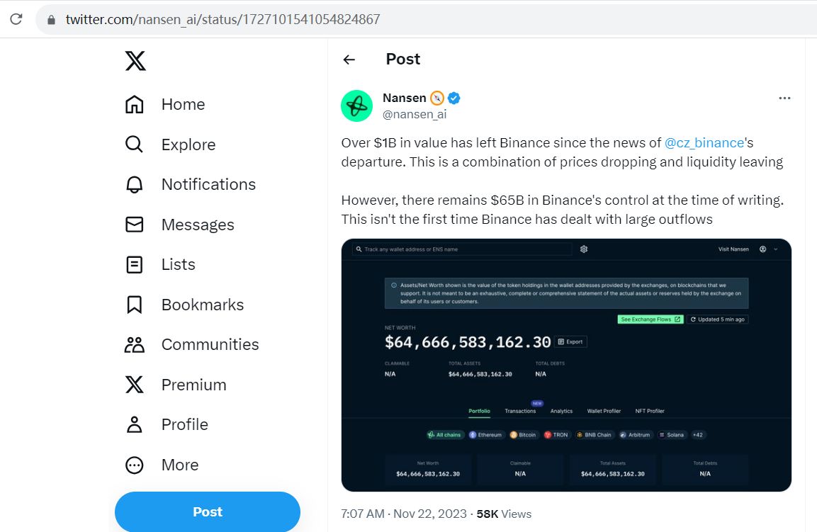 Nansen：自赵长鹏“辞任币安 CEO” 消息流传后，币安外流资金已超 10 亿美元