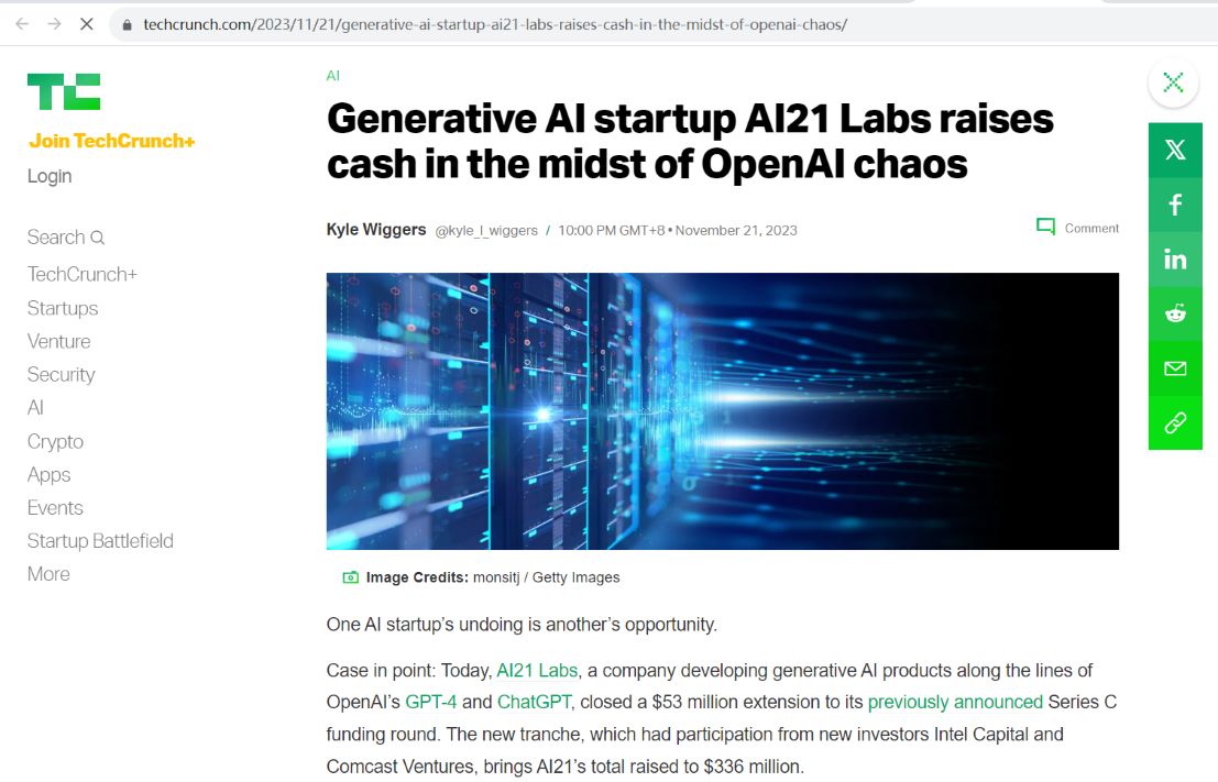 生成式AI公司AI21 Labs在C轮融资中额外筹集了5300万美元