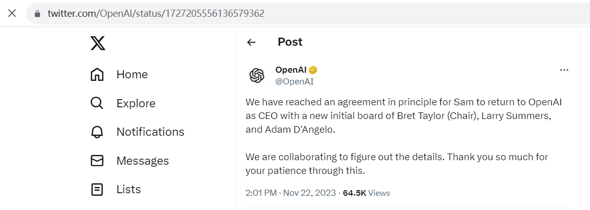 OpenAI：Sam Altman将回归OpenAI担任首席执行官