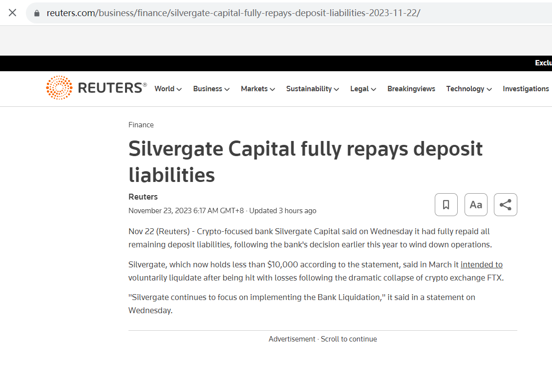 Silvergate Capital已全额偿还所有存款，目前持有不到1万美元