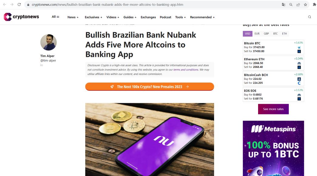 巴西加密友好银行Nubank在应用程序中新增五种山寨币