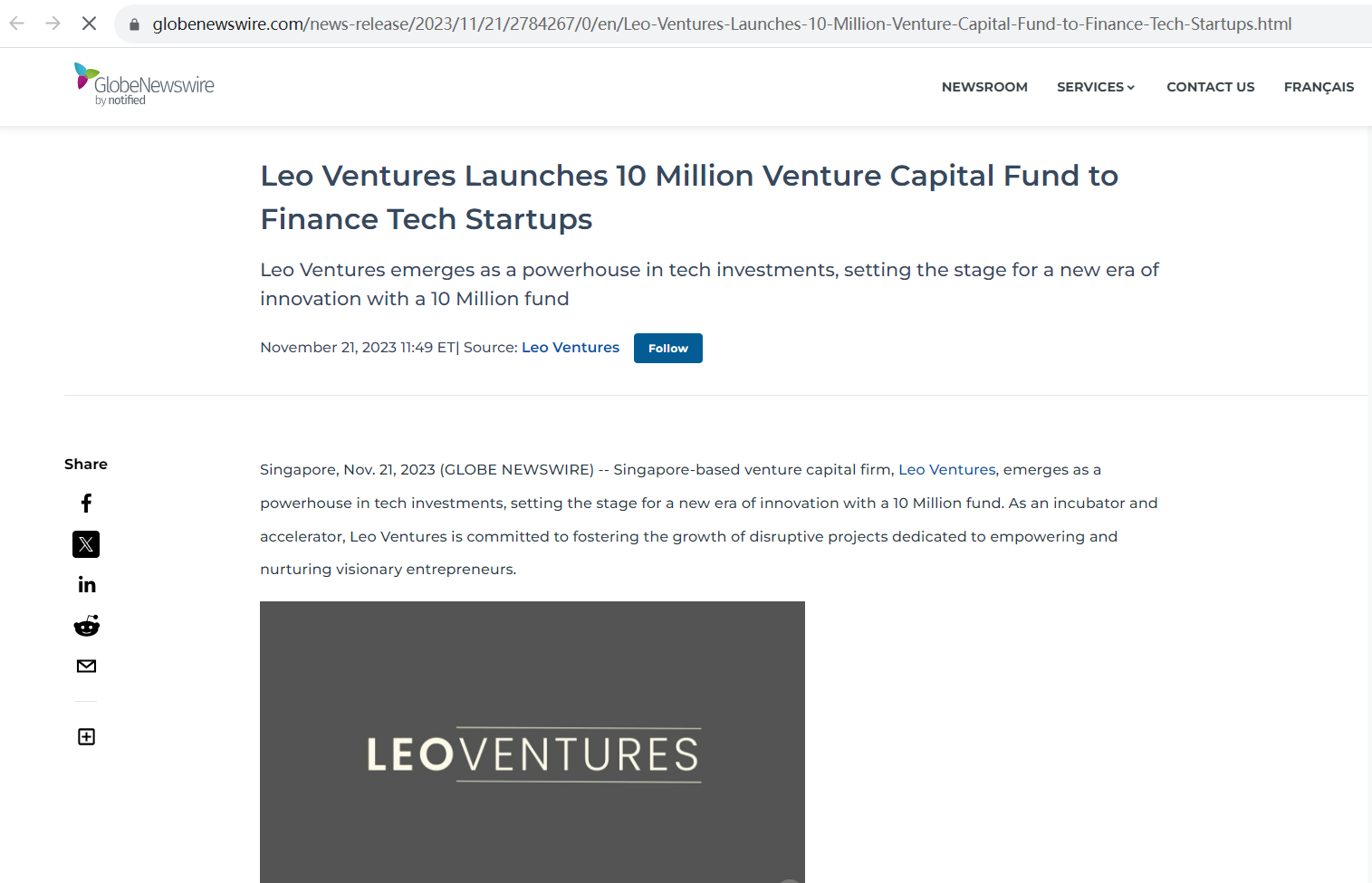新加坡风险基金Leo Ventures推出1000万美元新基金，拟投资Web3等领域项目