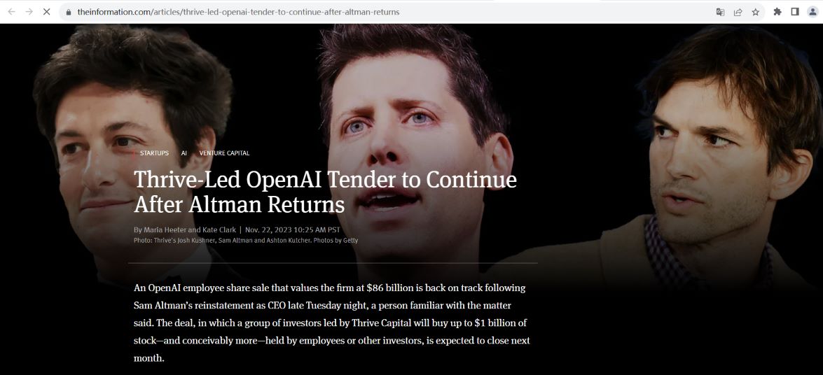 OpenAI恢复员工股票出售计划，Thrive Capital等将购买至多10亿美元