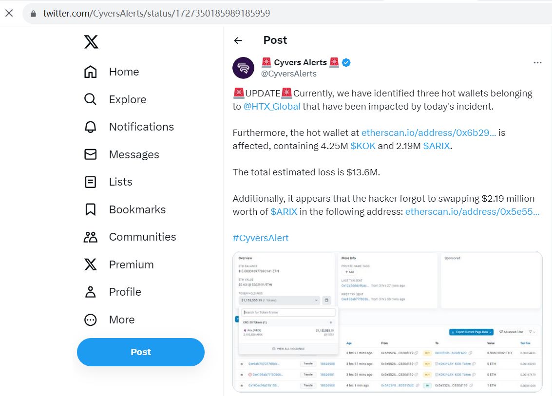 Cyvers Alerts：三个HTX热钱包受攻击影响，总损失约1360万美元