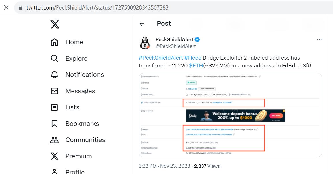 PeckShield：Heco 桥攻击者已将超 2.3 万枚 ETH 转至新地址