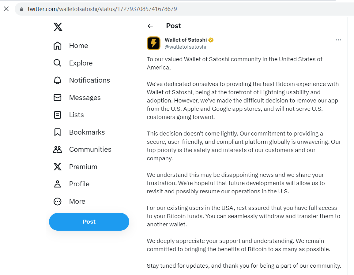 Wallet of Satoshi 证实从美区 Apple 和 Google 应用商店下架