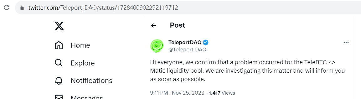 TeleportDAO：确认TeleBTC/Matic流动性池异常，正展开调查