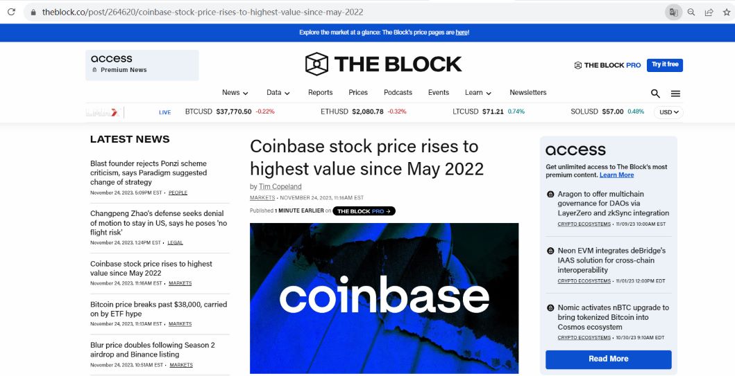 Coinbase股价升至2022年5月以来最高值