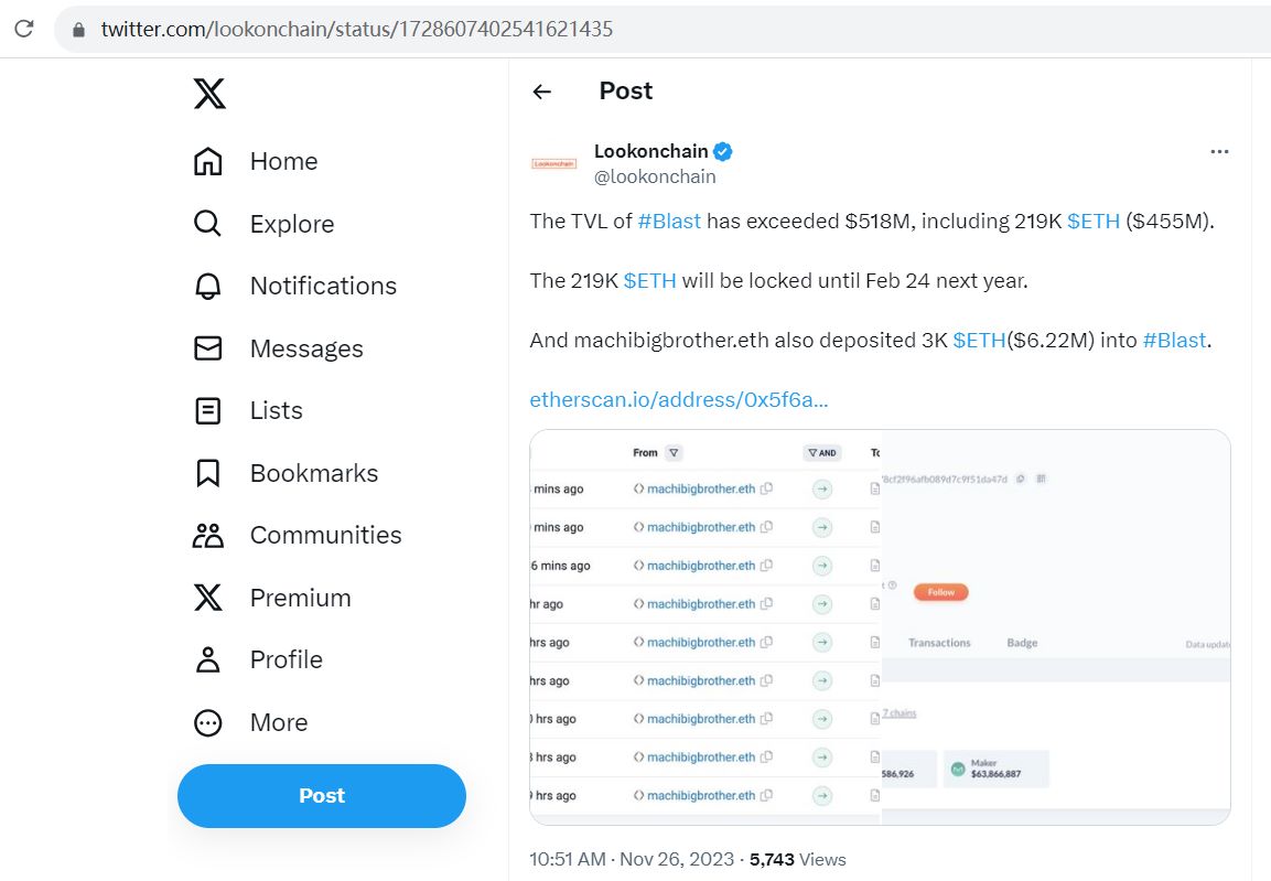 黄立成向Blast存入3000枚ETH