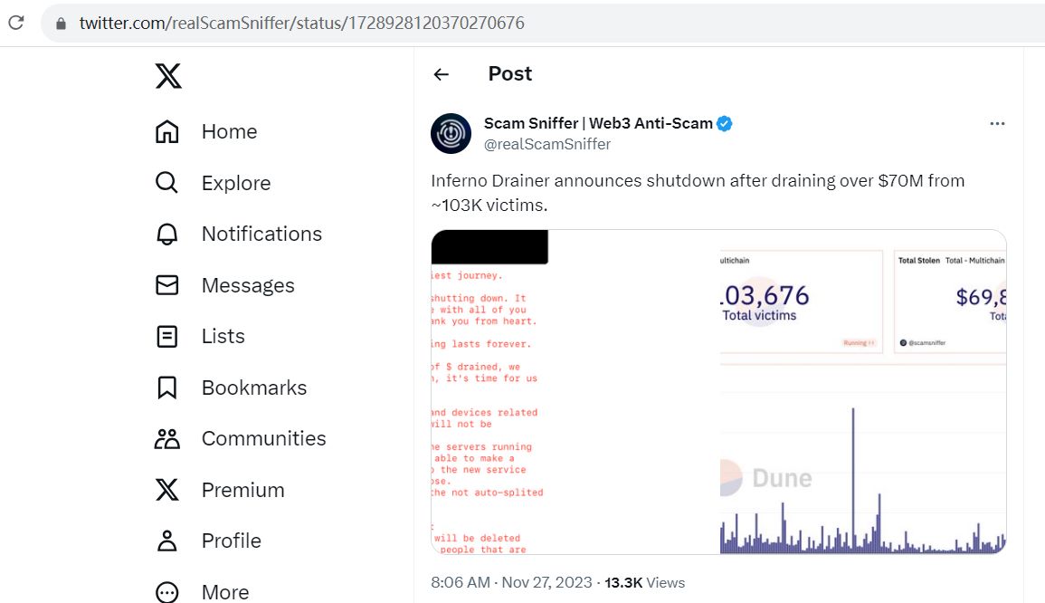 Scam Sniffer：Inferno Drainer在盗取7000多万美元后宣布关闭