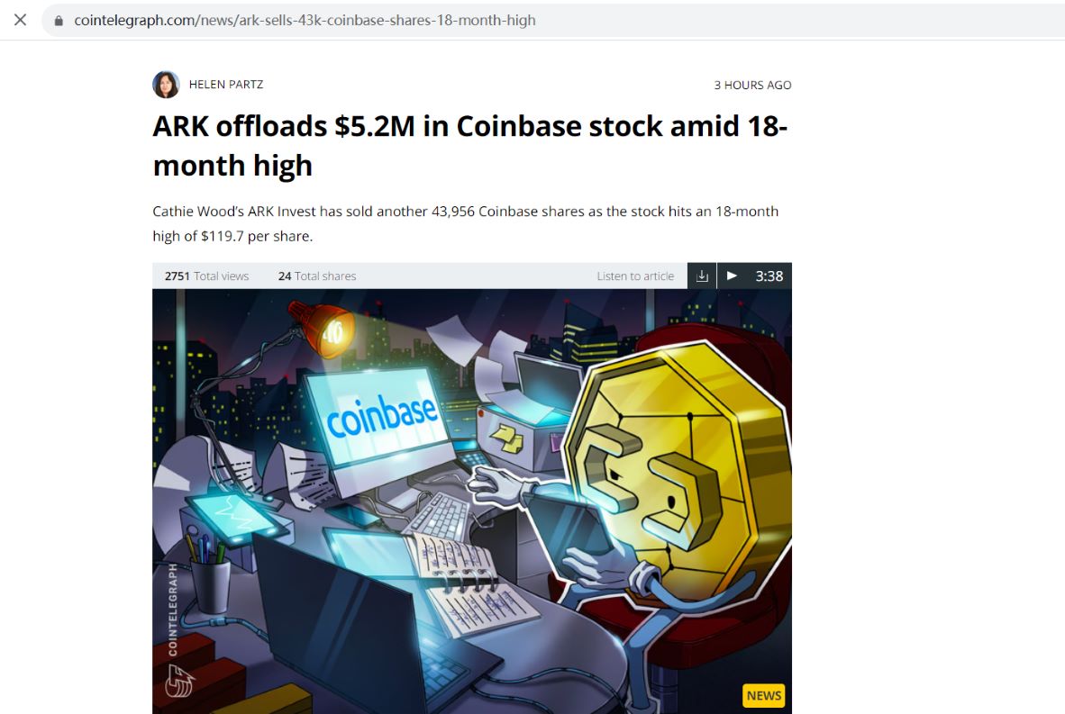 ARK昨日再次出售价值530万美元Coinbase股票