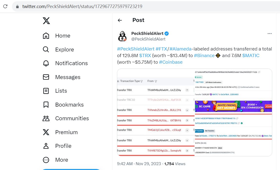 FTX/Alameda地址将约1.3亿枚TRX和760万枚MATIC转入CEX
