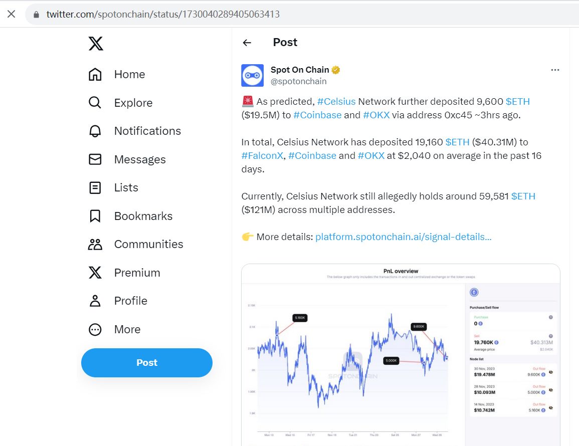 数据：Celsius过去16天内共向Coinbase等存入1.9万枚ETH