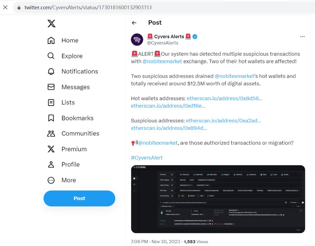Cyvers：加密交易所Nobitex疑似被攻击，涉及1250万美元数字资产