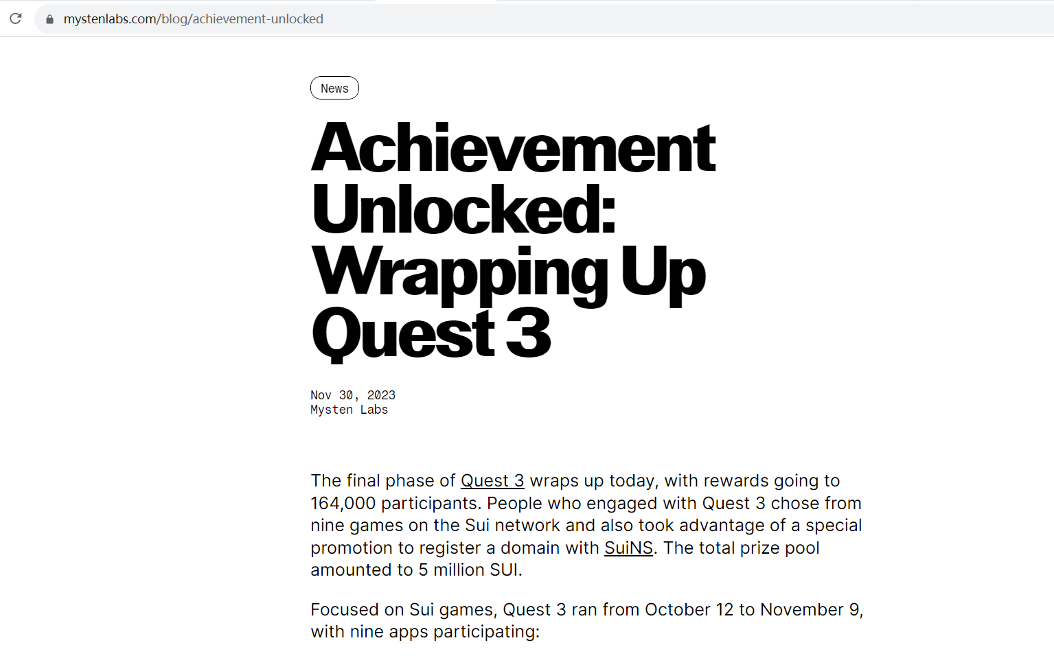 Mysten Labs已开放Quest 3奖励认领