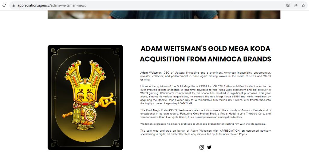 Adam Weitsman以100枚ETH购得Gold MegaKoda#9969