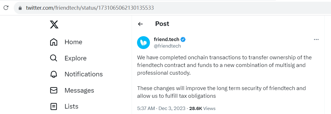 friend.tech：已将合约和资金所有权转移到多签和专业托管的新组合