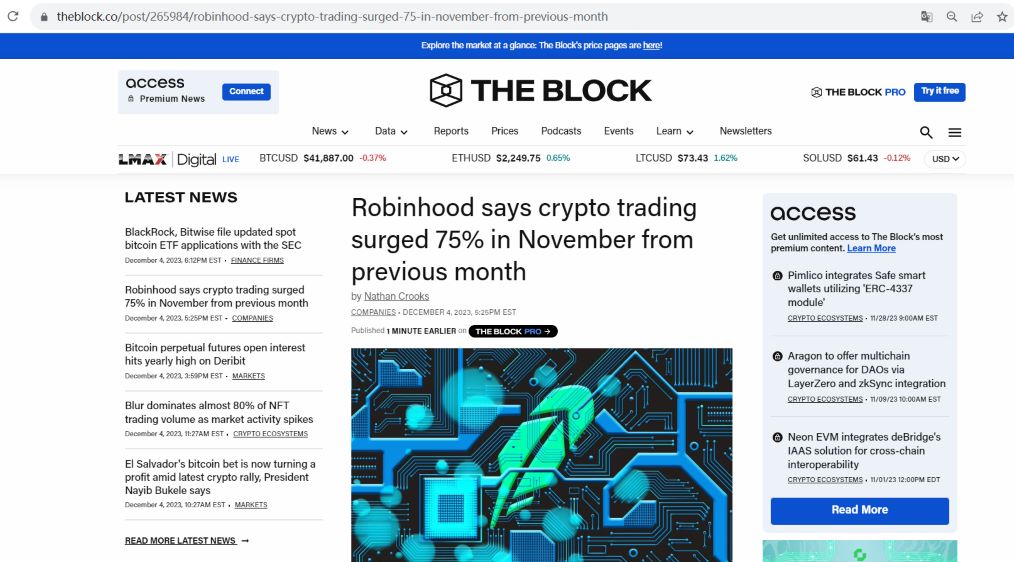 Robinhood今年11月加密货币名义交易量环比增长约75%