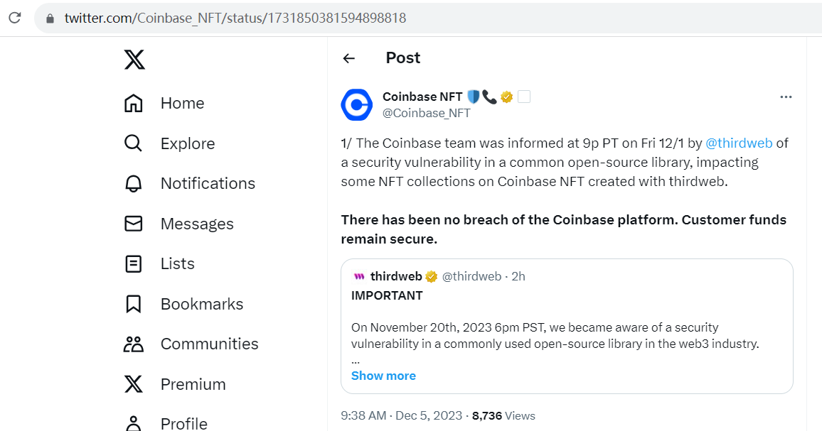 Coinbase NFT：已就Thirdweb通知的安全漏洞联系受影响的合约开发商