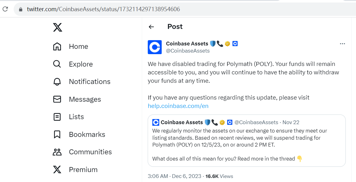 Coinbase已禁用Polymath(POLY)交易