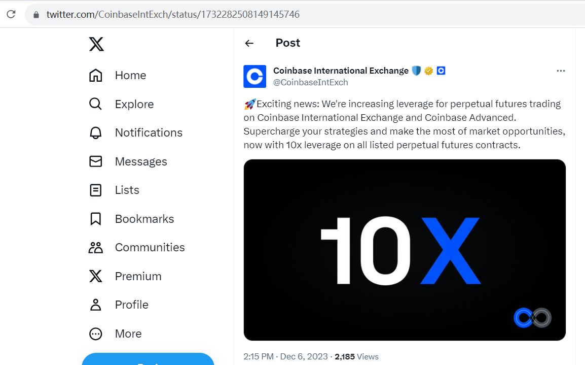 Coinbase国际：所有上市的永续期货合约均支持10倍杠杆