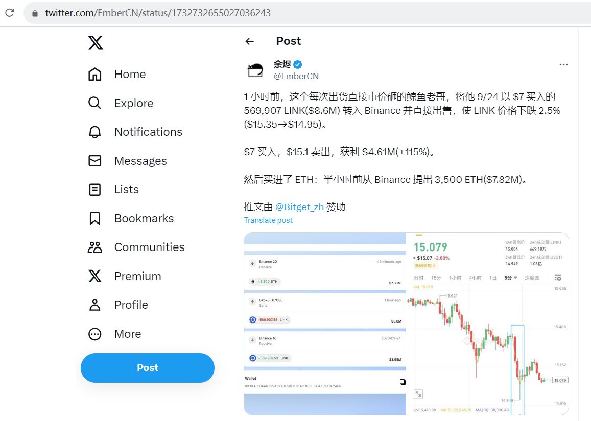 某巨鲸将569,907枚LINK转入Binance提出3,500枚ETH