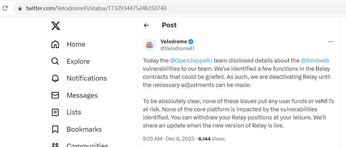 Velodrome：Thirdweb相关漏洞或影响Relay合约中的部分功能