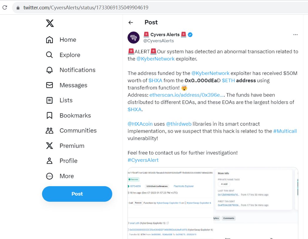 Cybers Alerts：Kyber Network攻击者资助地址收到价值5000万美元HXA