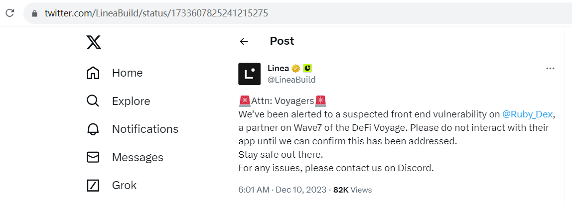 Linea：Voyage Wave7中Rubydex疑似出现前端漏洞，用户暂勿与其交互