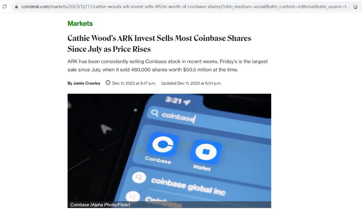 ARK Invest上周五出售价值4920万美元的Coinbase股票