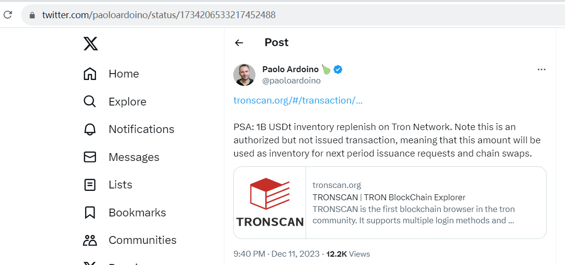 Tether在波场网络上增发10亿枚USDT