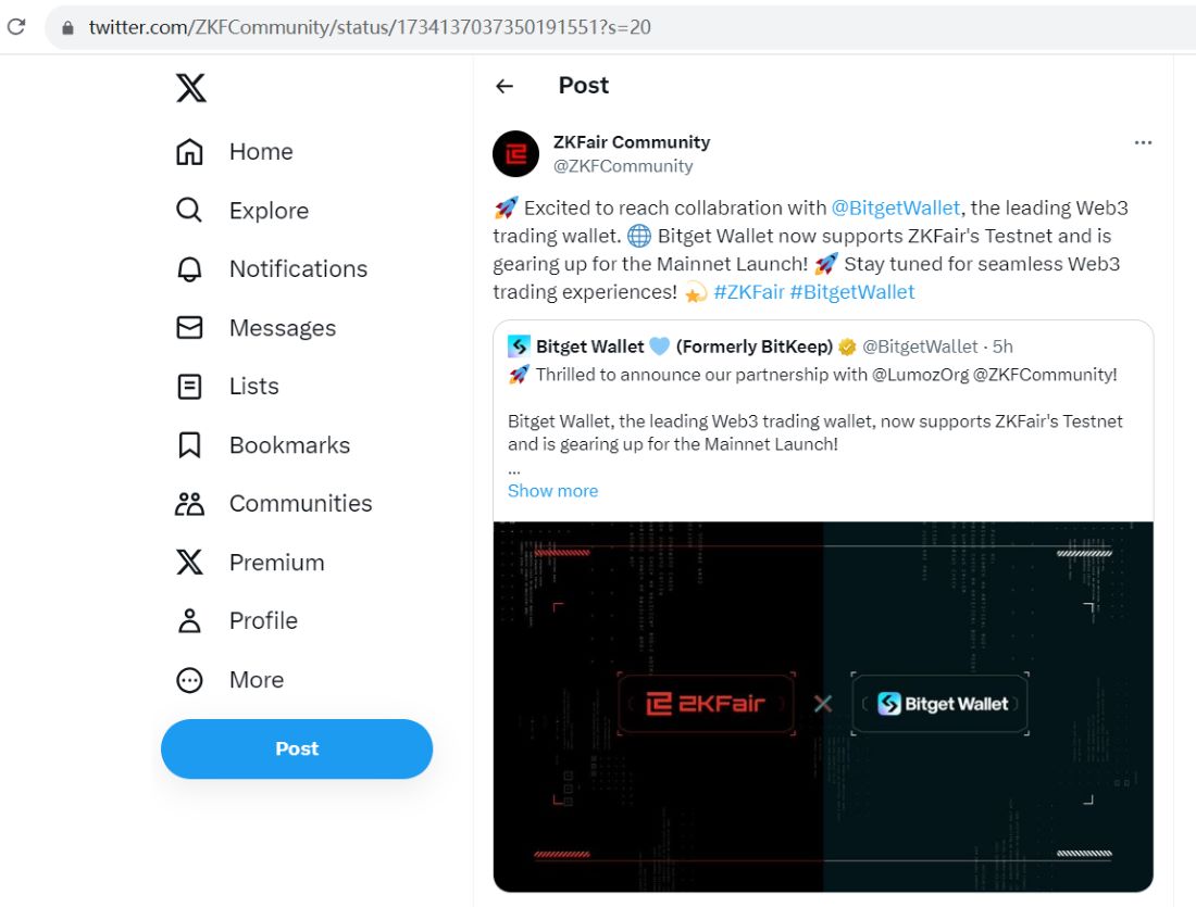 Bitget Wallet现已支持ZKFair测试网，并将于本月20号左右支持其主网
