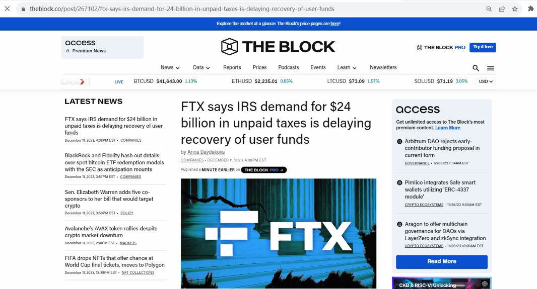 IRS要求FTX缴纳240亿美元税款，FTX称“荒谬且毫无根据”